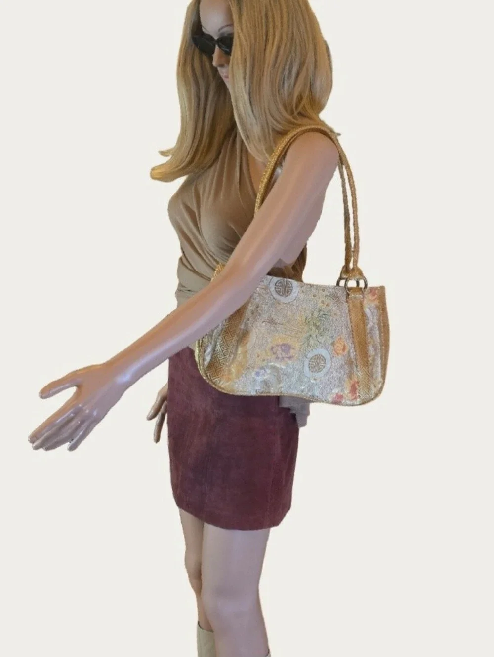 Vintage Yazinu Floral Metallic Brocade Silk Obi Style Asian Motif Shoulder Bag